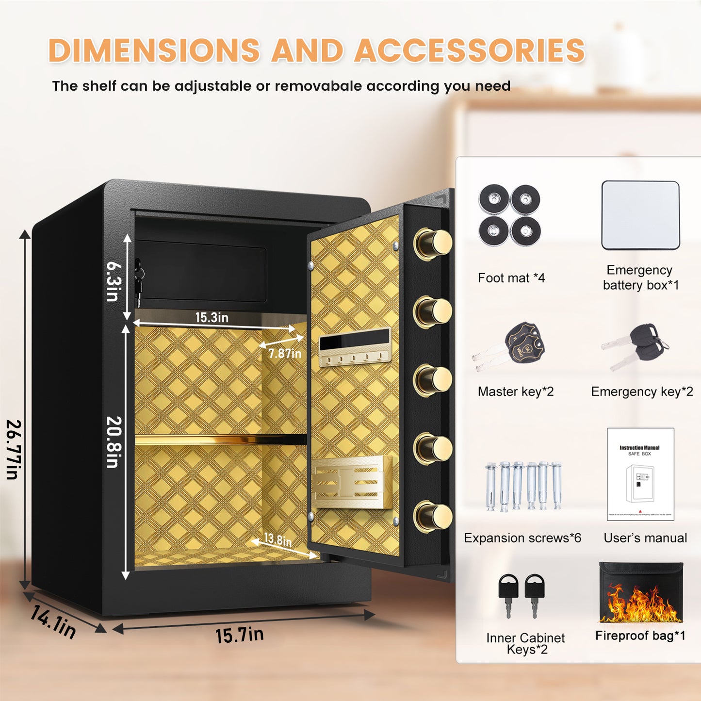 OME K3-68 Extra Large Fireproof Waterproof Safe Box with Deposit Slot & Adjustable Shelf - Home & Office Security Safe with Soft PU Leather Lining, Large LCD Screen & Dual Alarm