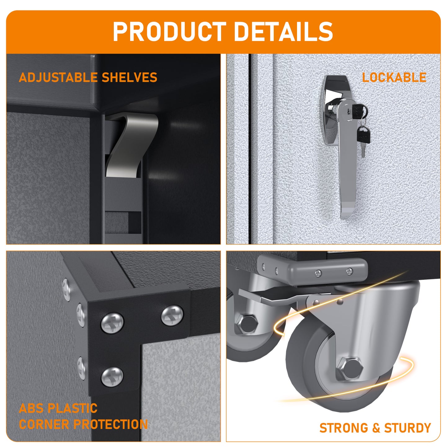 Metal Garage Storage Cabinet on Wheels, Double Handle Lock Steel Storage Cabinet with 2 Doors, 4 Shelves Adjustable Black, Assembly Required