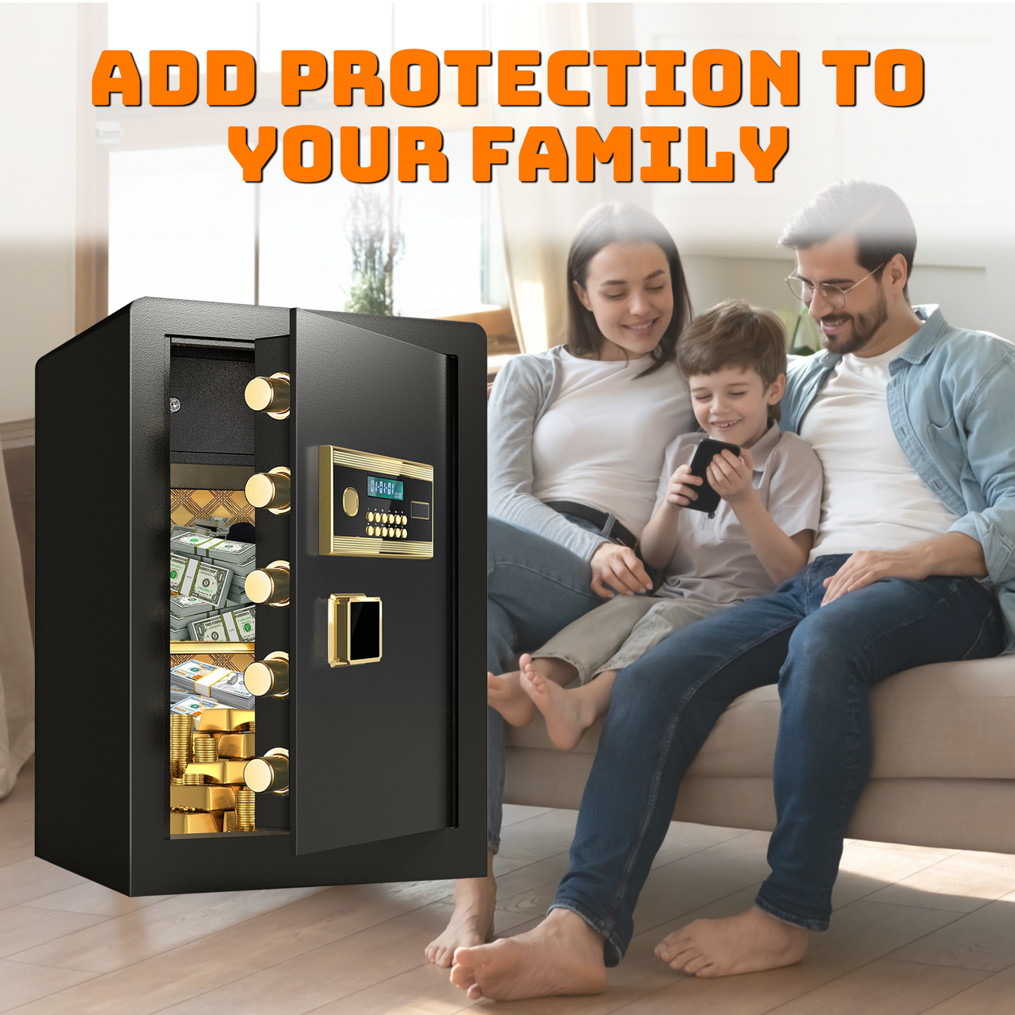 BM 6.0 Cuft Large Home Safe Fireproof Waterproof, Anti-Theft Money Safe Box with Removable Shelf & Dual Alarm System, Digital Security Document Safe for Home Business Office, Gold