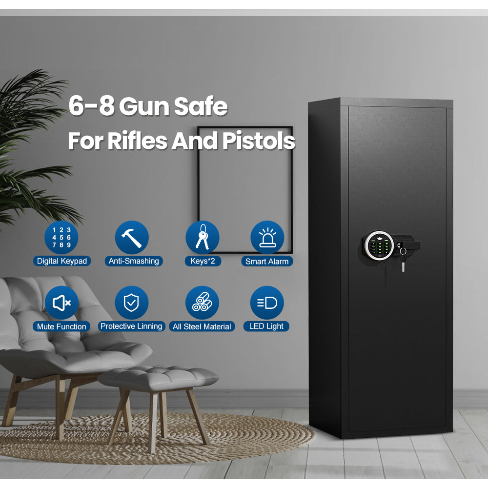 6-8 Rifle Gun Safe, Large Gun Safe with Digtal Keypad and Dual Alarm, Quick Access Gun Cabinet for Home Rifles and Pistols, Unassembled Gun Safe with Removable Shelves and Adjustable Racks