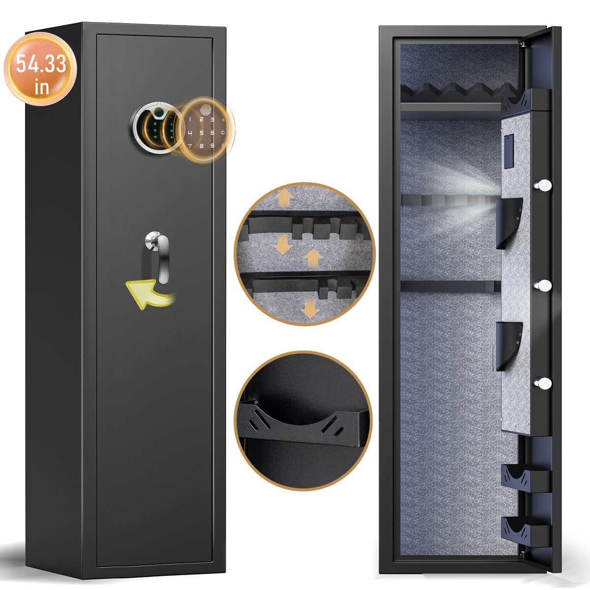 HK G3Q-138W 4-5 Gun Safe, 54'' Biometric Gun Safe with Touchscreen Keypad and Removable Shelf, Quick Access Gun Cabinet with Dual Alarm and Mute Mode for Pistols