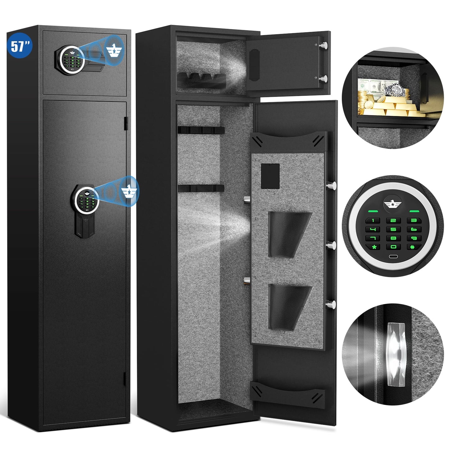 Riflewell GKM-145DB 4-6 long gun safe, suitable for household rifle shotgun three in one gun cabinet, quick access to numeric keypad gun safe, fire and waterproof dual alarm, built-in adjustable storage rack