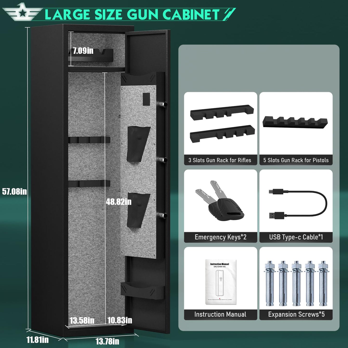 OME-GKM-145W 5-6 Gun Safe, Gun Safes for Home, Quick Access Gun Cabinets with LED Light,Gun Safe with Adjustable Gun Rack and Removable Shelf
