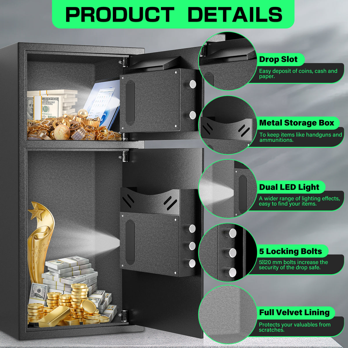 Kav K1-75 6.5 Cu ft Extra Large Home Safe Box, Anti-theft Money Safe Box With Deposit Slot & Dual Alarm System, Backlit Keypad Security Document Safe For Home Office