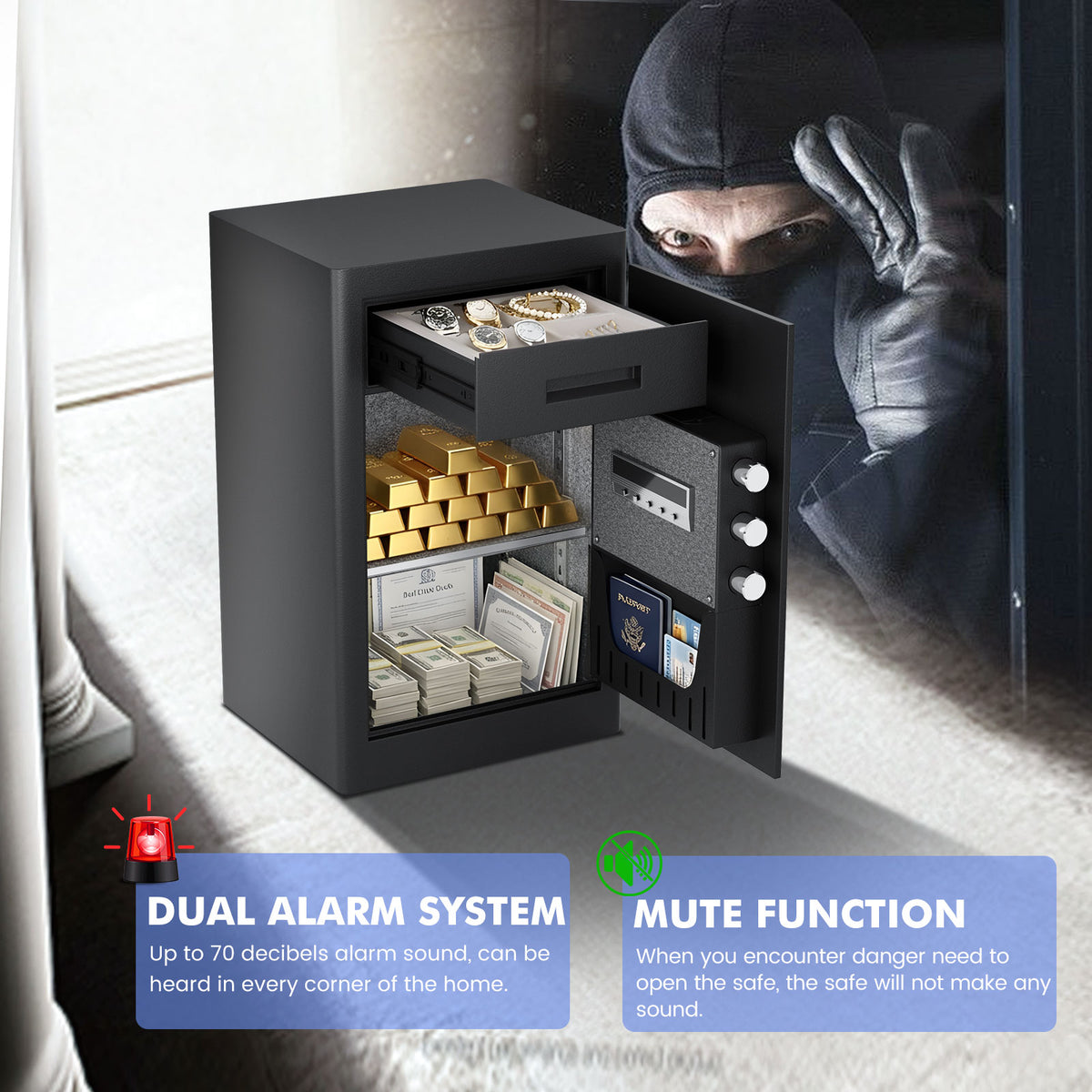 Kav K1C-65D 6.0 Cu Ft Dual-Compartment Home Safe with Built-in Jewelry Drawer, Adjustable Shelf, Digital Keypad & Key Lock – Anti-Theft Storage for Cash, Gold, Jewelry, Documents (Black, Office & Home Use)