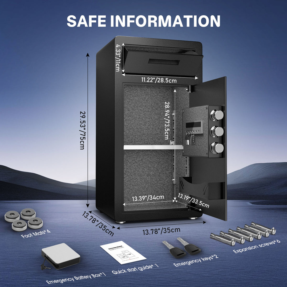 BM-K2T-75 6.5 Cub Digital Large Safe Box, Money Safe with Deposit Slot and Backlit Keypad, Home Security Box for Office, Hotel, Business
