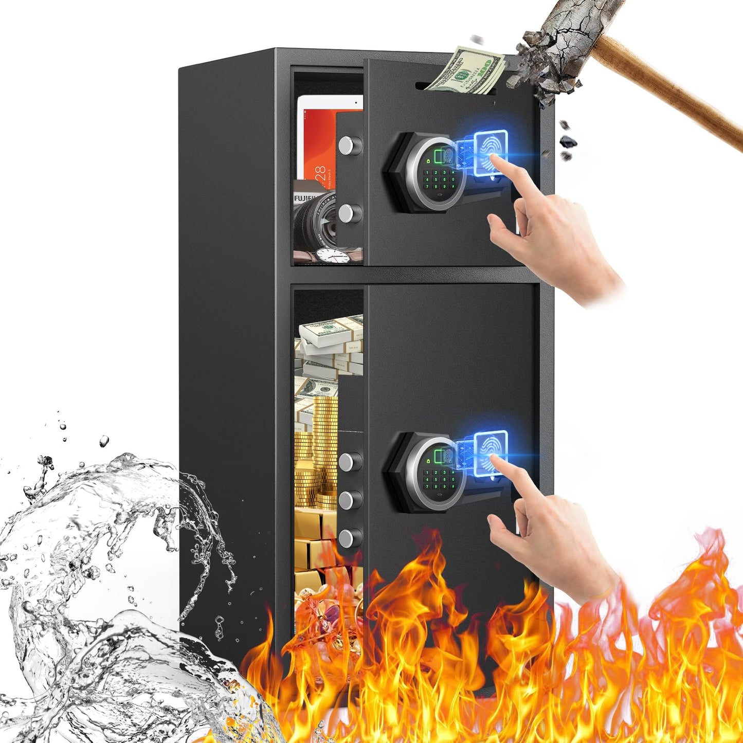 OME KL-85W 7.0 Cu ft Large Safe Box Fireproof Waterproof,with LED Light fire proof safe for home documents,Fingerprint password personal Safes with Deposit Slot & Dual Alarm System