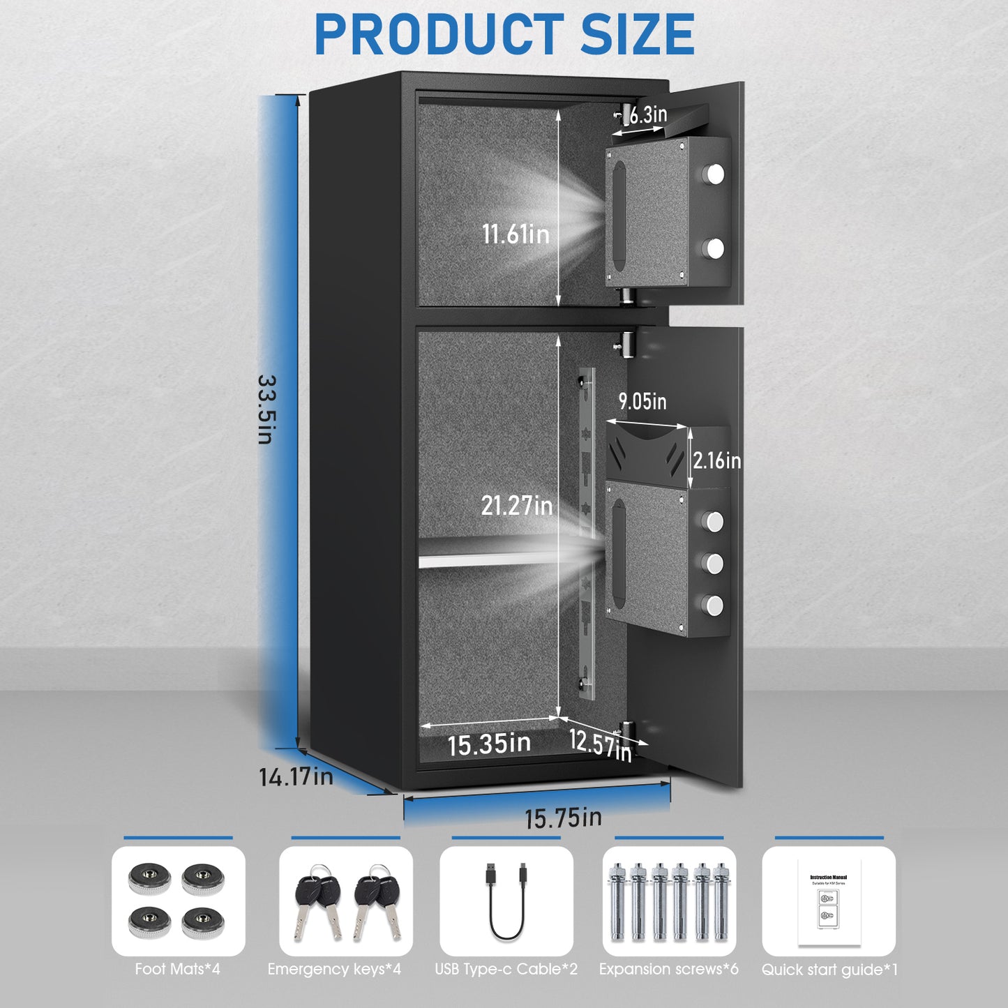 Riflewell-KL-85W-7.0 Cu Ft Biometric Fingerprint Safe Box, Large Double Door Security Cabinet with Drop Slot & Dual LED Light, Alloy Steel Home Safe with Digital Keypad for Money Valuables Documents, Black