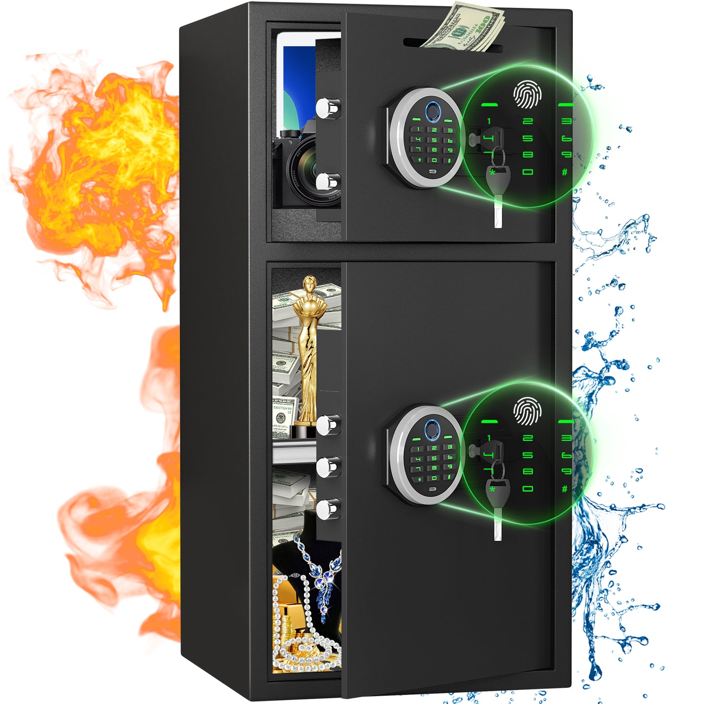 OME KM-65W 6.0 Cuft Extra Large Home Safe Box Fireproof Waterproof, Fingerprint Safe, Home Security Safes Box with Adjustable Shelf & Deposit Slot, Money Safes with Backlit Keypad & Dual Alarm for Home Office