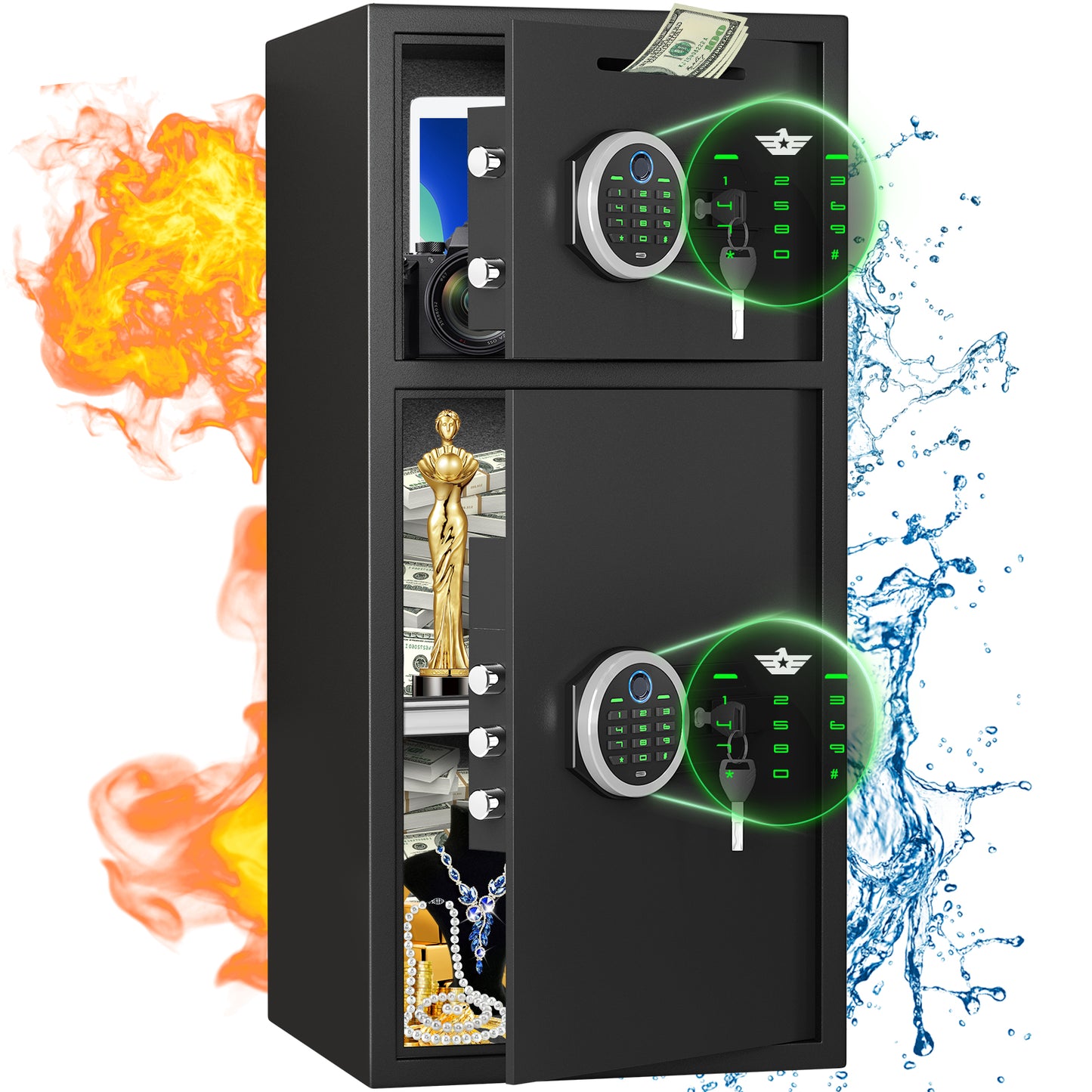 OME KM-75W 6.5 Cuft Extra Large Home Safe Box Fireproof Waterproof, Fingerprint Safe, Home Security Safes Box with Adjustable Shelf & Deposit Slot, Money Safes with Backlit Keypad & Dual Alarm for Home Office