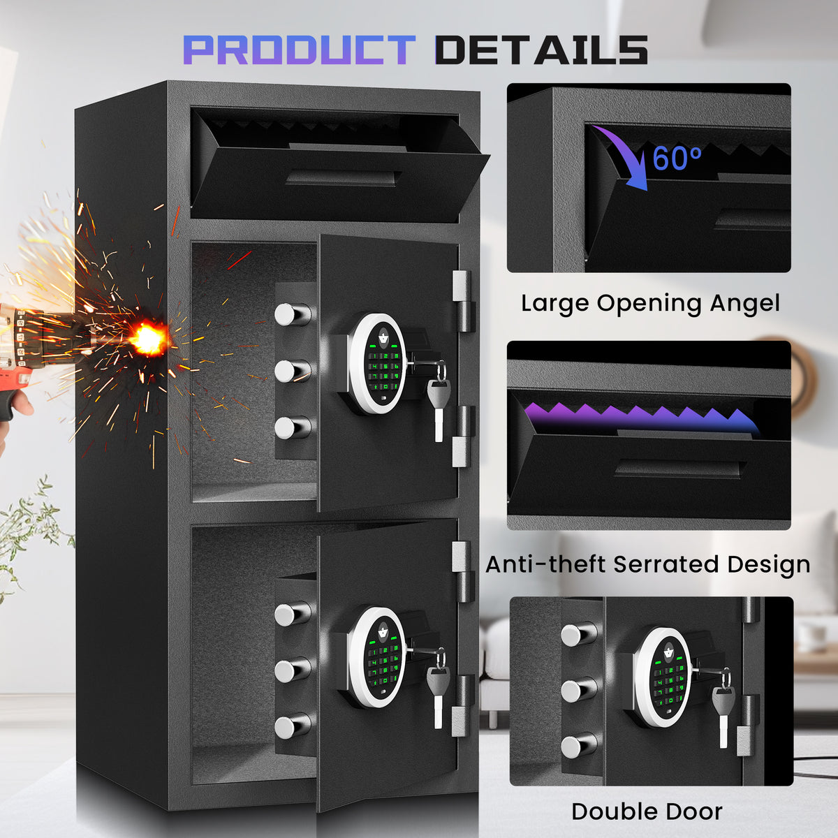 Riflewell-KMT-75-6.5 Cub Safes Box, Fireproof Safes For Home, Fireproof Safes For Home With Double Door & Key Hook, With Backlit Keypad & Dual Alarm For Home Office Business Home Safes