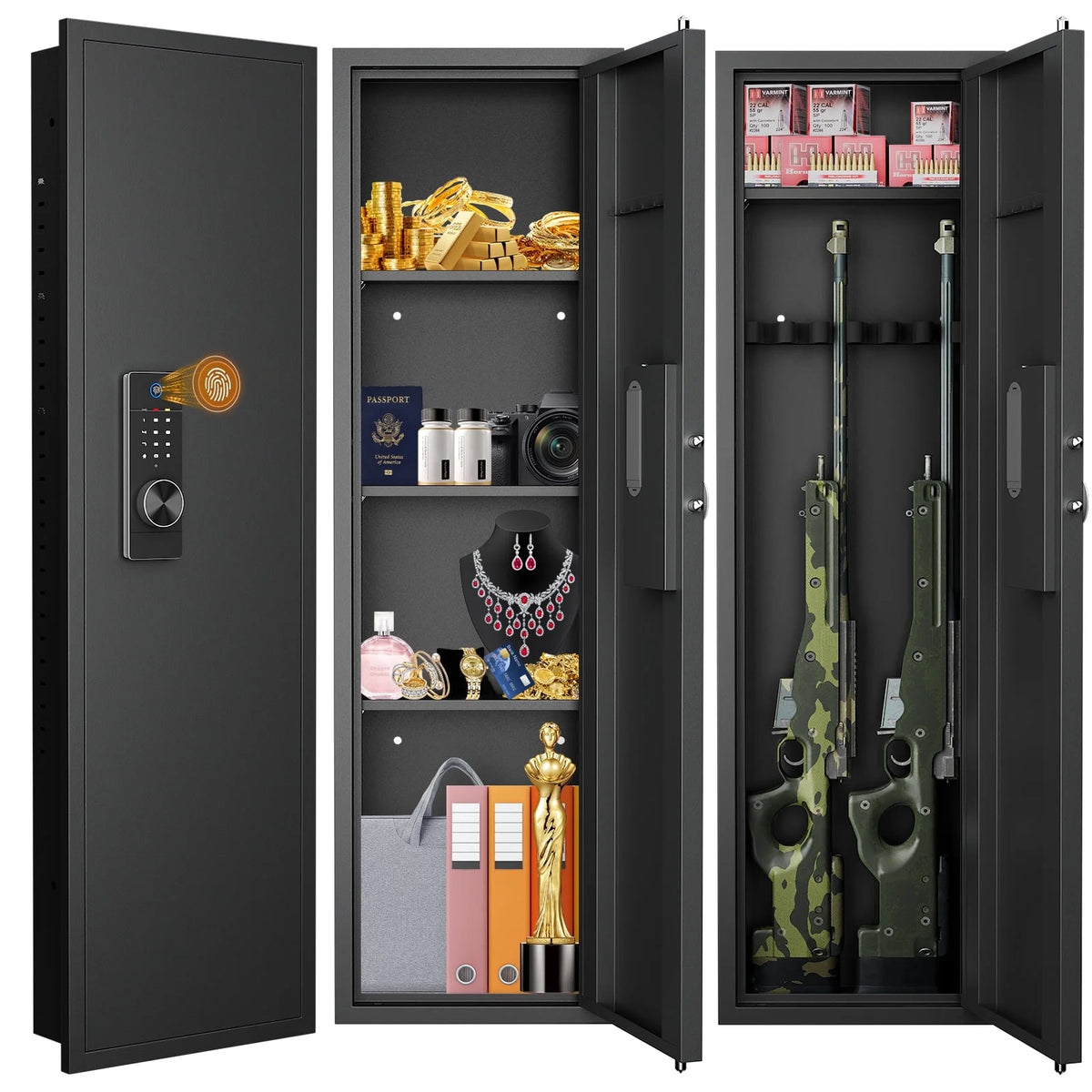 SZ-LYX 53.15" Wall Safe Between the Studs, Biometric Fingerprint Hidden Gun Safe with Dual Alarm System and Silent Mode, Wall Gun Safe with 3 Adjustable Shelves, Magnetic Slot and Key Hook