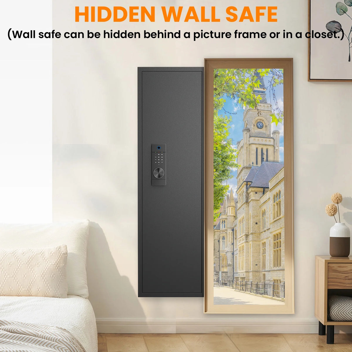 SZ-LYX 53.15" Wall Safe Between the Studs, Biometric Fingerprint Hidden Gun Safe with Dual Alarm System and Silent Mode, Wall Gun Safe with 3 Adjustable Shelves, Magnetic Slot and Key Hook