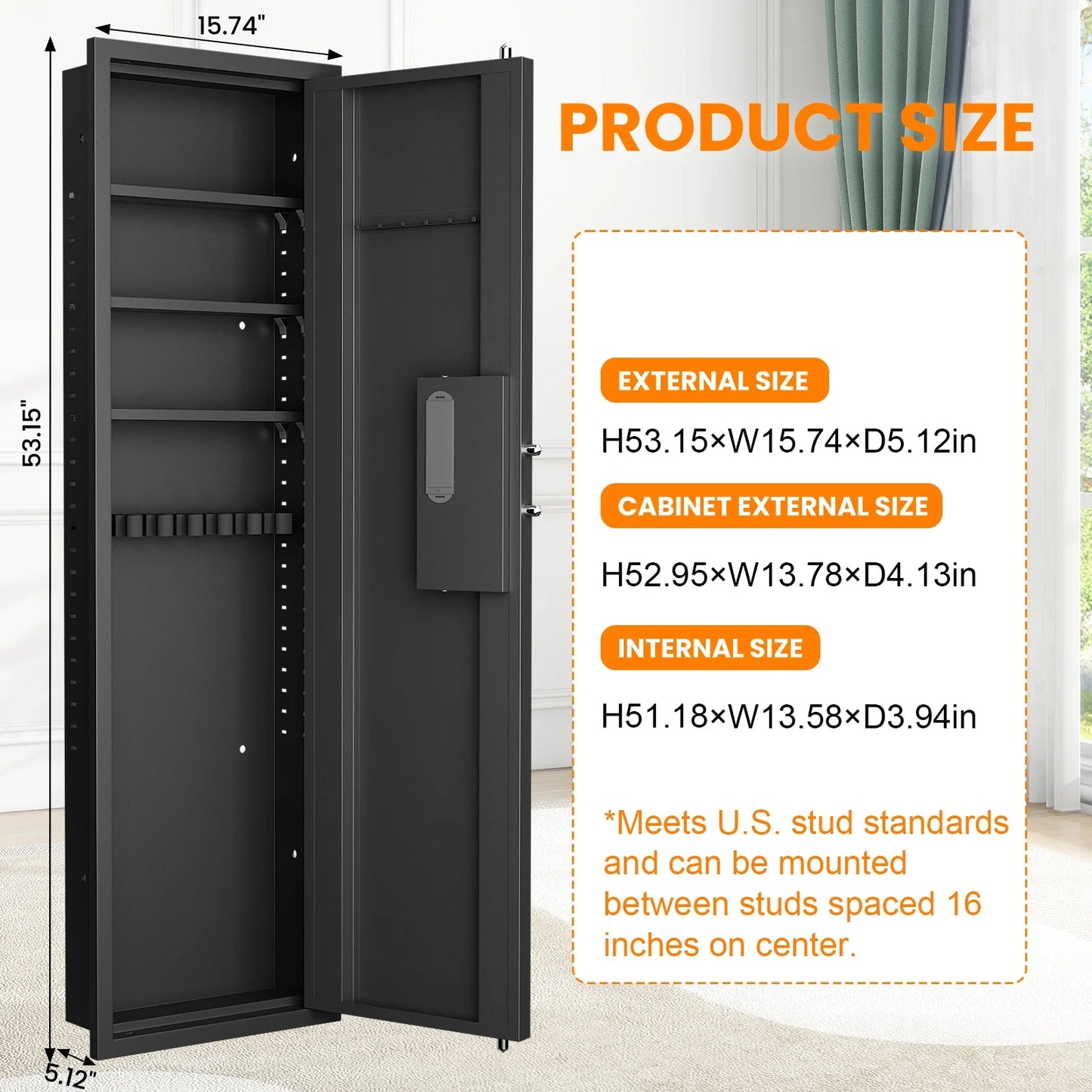SZ-LYX 53.15" Wall Safe Between the Studs, Biometric Fingerprint Hidden Gun Safe with Dual Alarm System and Silent Mode, Wall Gun Safe with 3 Adjustable Shelves, Magnetic Slot and Key Hook