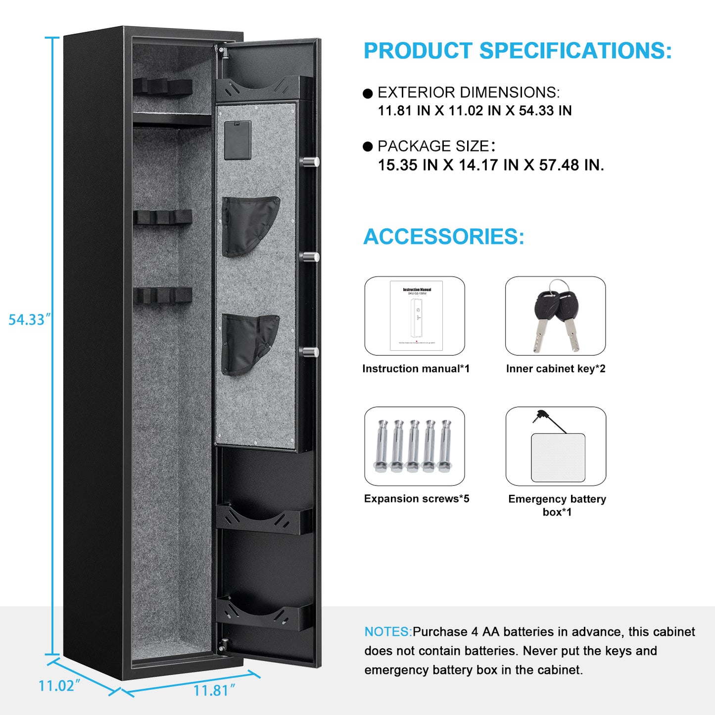 Fingerprint Gun Safe, 3-5 Gun Rifle Safes for Home Rifles and Pistols, Long Gun Safe with Adjustable Support Frame, Pistols Rack, Ammo Storage Shelf and Pistol Bag
