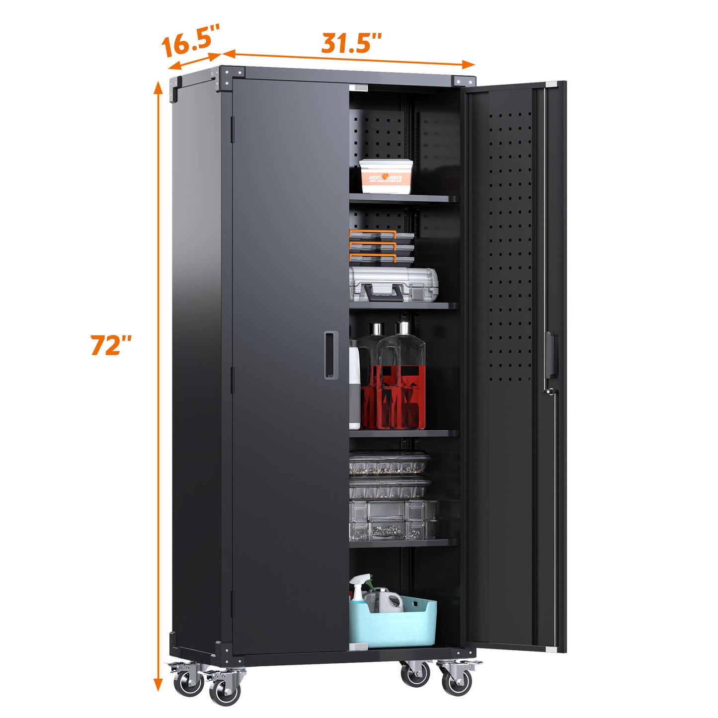 Metal Storage Cabinet with Wheels, 72" Black Garage Rolling Cabinet with Doors and 4 Shelves, Steel Locking Cabinets Tall Tool Lockable Storage Cabinets for Basement, Pantry, Home Office