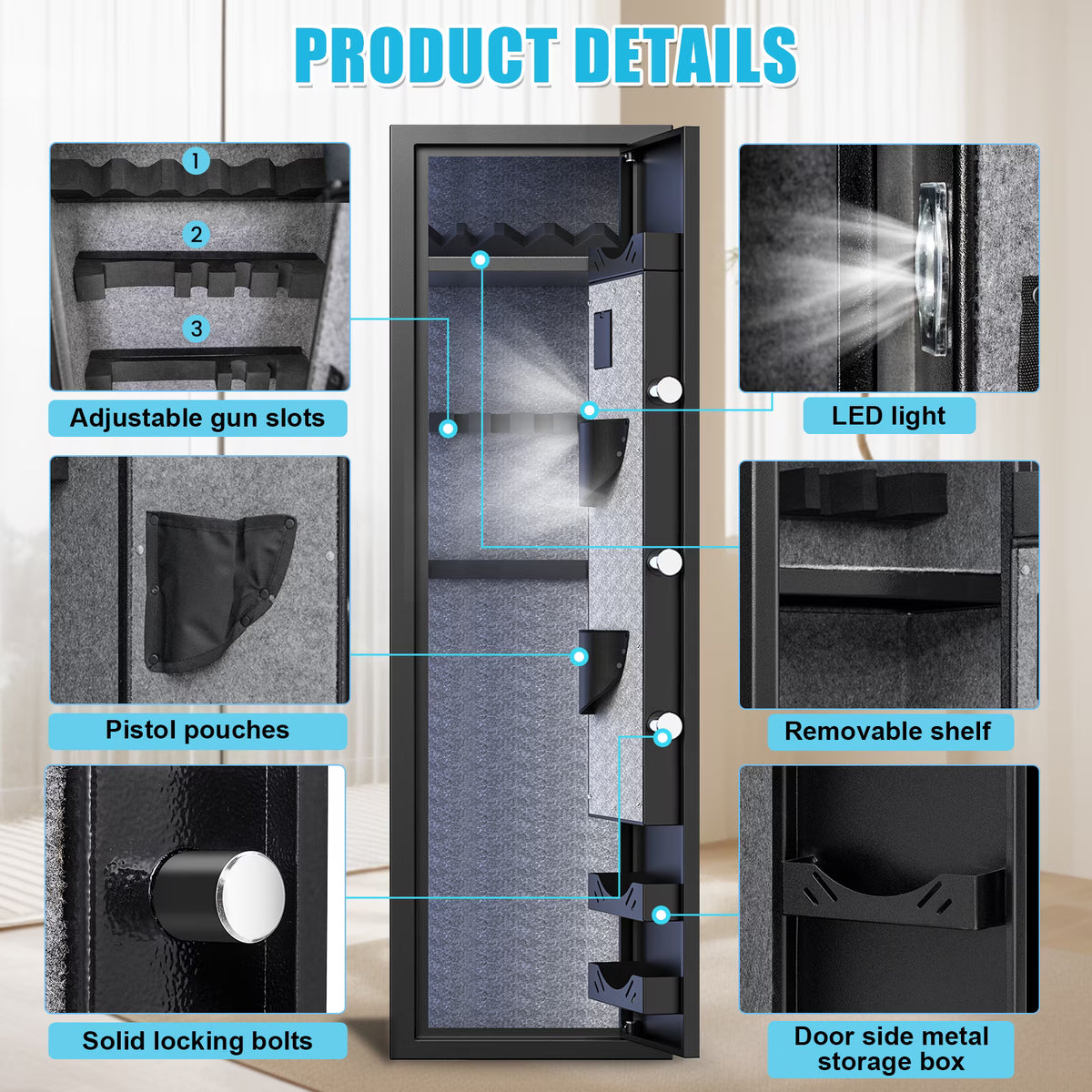 SDI-G2SQ-138W 5-10 Gun Safe, Biometric Long Gun Safes with Fingerprint, Digital Gun Safe with Backlit Keypad & LED Light, Gun Cabinet with 3 Adjustable Gun Slots, Removable Shelf, Ammo Box
