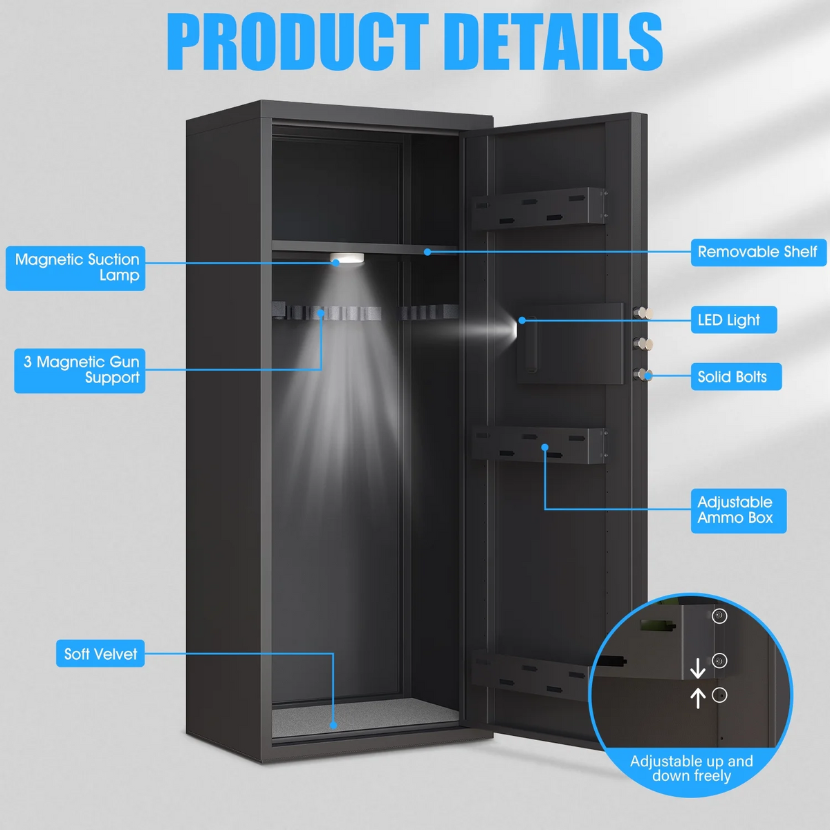 Riflevault Biometric Fingerprint Gun Safe with LCD Screen and Silent Mode, 10-12 Gun Safe for Long Guns and Shotguns with 3 Magnetic Gun Slots and 3 Metal Storage Box