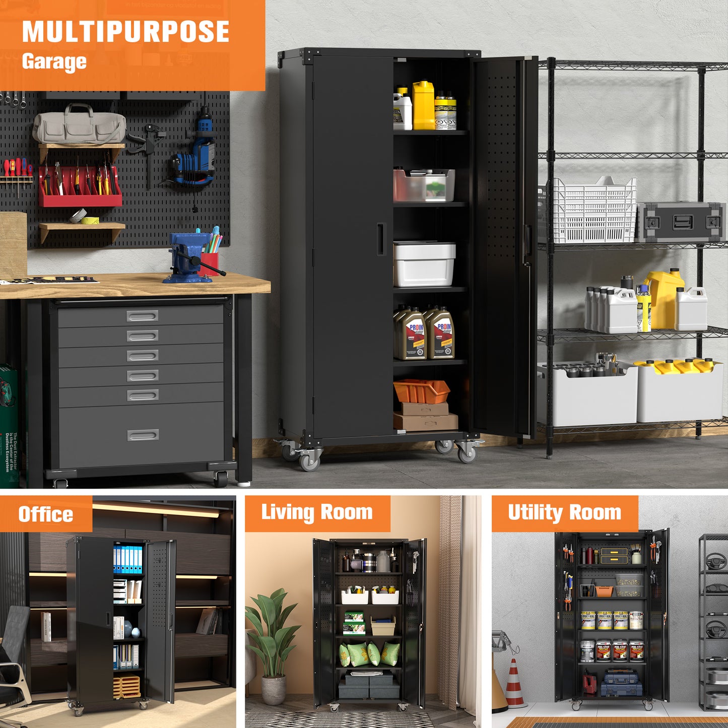 Metal Storage Cabinet with Wheels, 72" Black Garage Rolling Cabinet with Doors and 4 Shelves, Steel Locking Cabinets Tall Tool Lockable Storage Cabinets for Basement, Pantry, Home Office