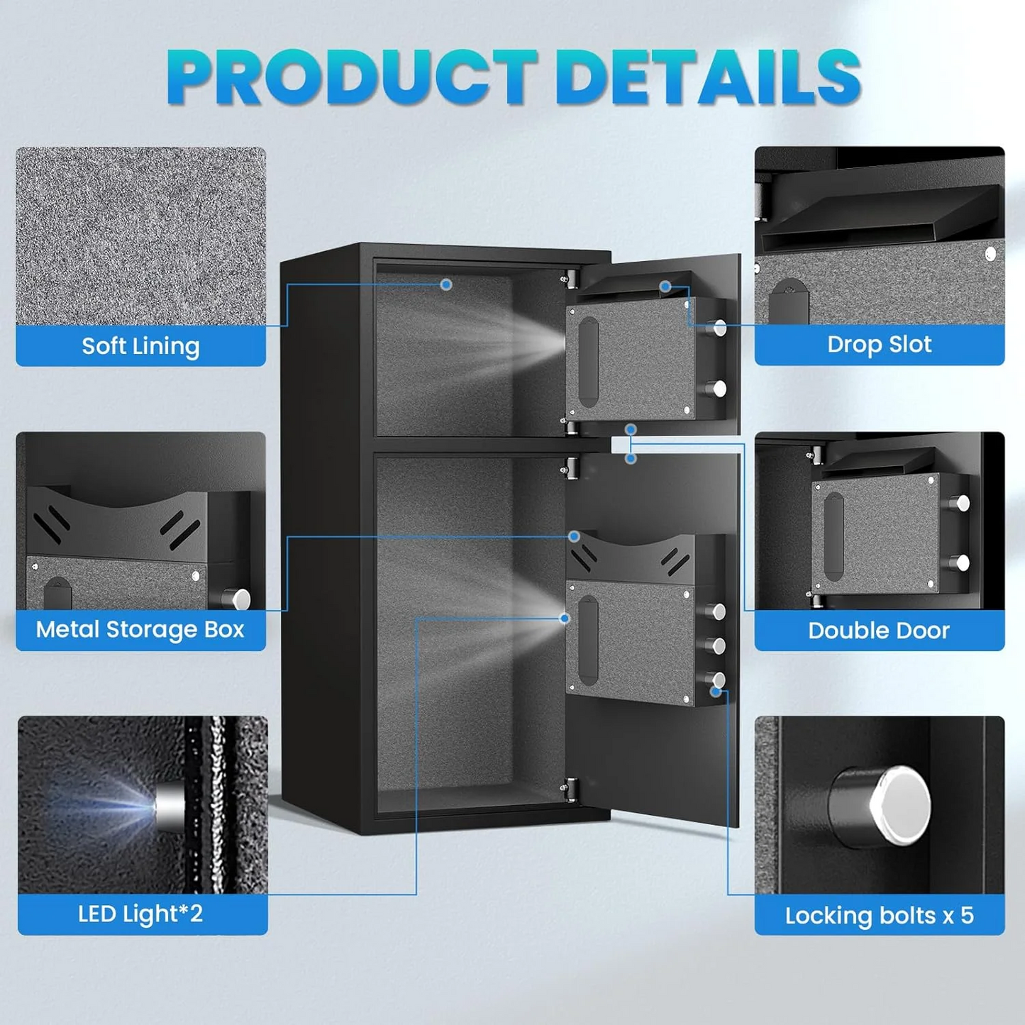 Safe 6.5 Cuft Large Fire Safe Home, With Silent Function And Led Lights, Numeric Keypad Home Safe With Deposit Slot And Dual Alarm System, Fingerprint Password Personal Safe