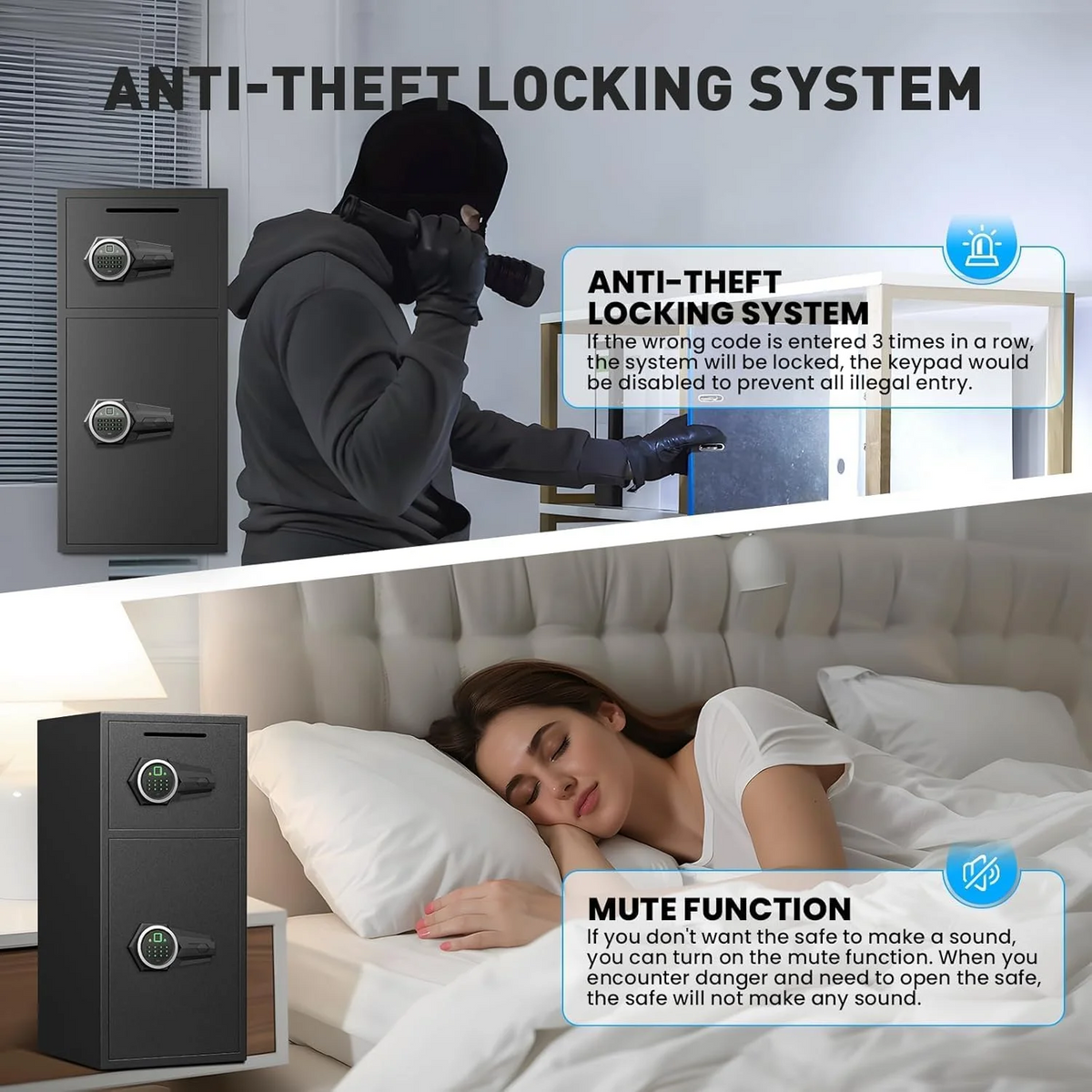 riv KL-75DSafe 6.5 Cuft Large Fire Safe Home, With Silent Function And Led Lights, Numeric Keypad Home Safe With Deposit Slot And Dual Alarm System, Fingerprint Password Personal Safe
