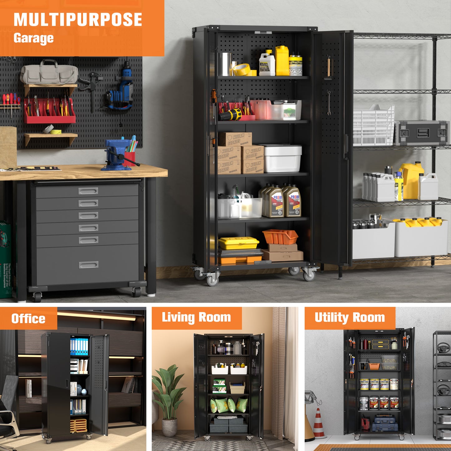 Metal Storage Cabinet with Wheels, 72" Black Garage Rolling Cabinet with Doors and 4 Shelves, Steel Locking Cabinets Tall Tool Lockable Storage Cabinets for Basement, Pantry, Home Office
