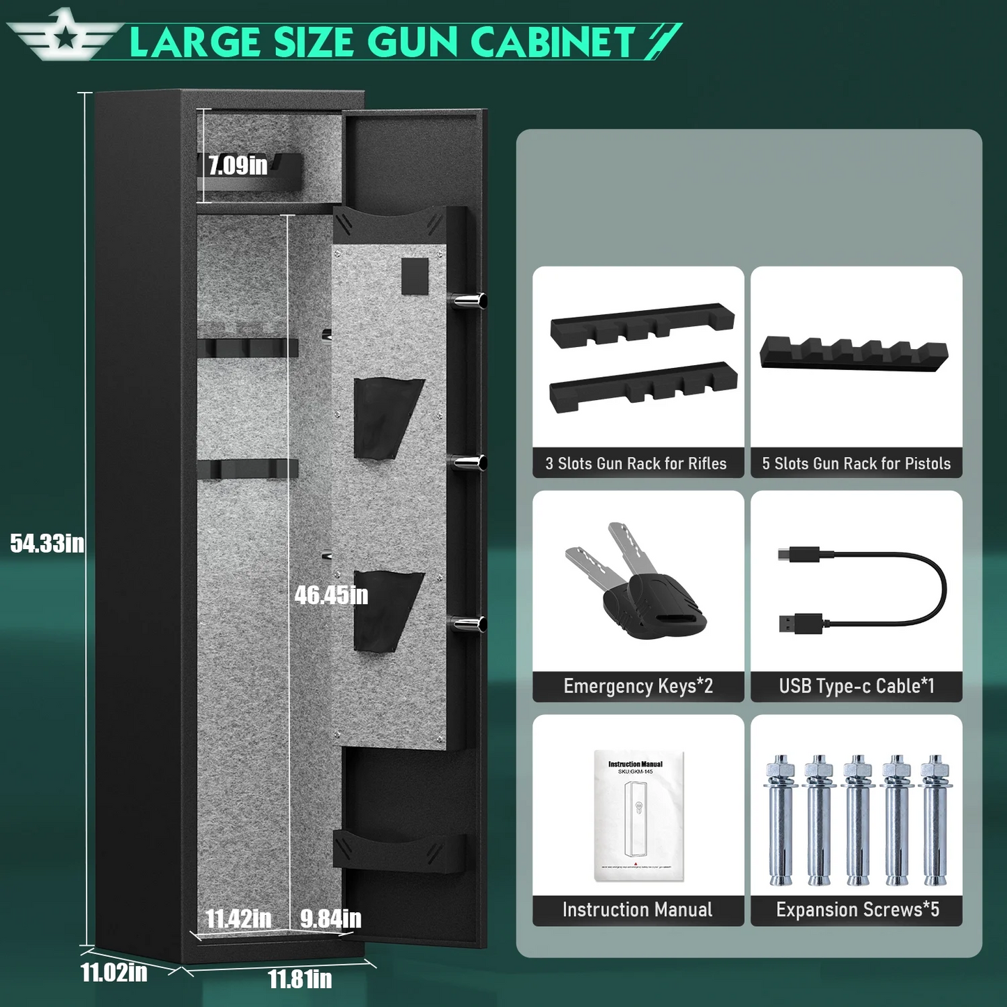 Riflevault 3-5 Gun Safe for Shotguns and Pistols, Quick Access Gun Cabinets with Adjustable Gun Racks and Removable Shelf