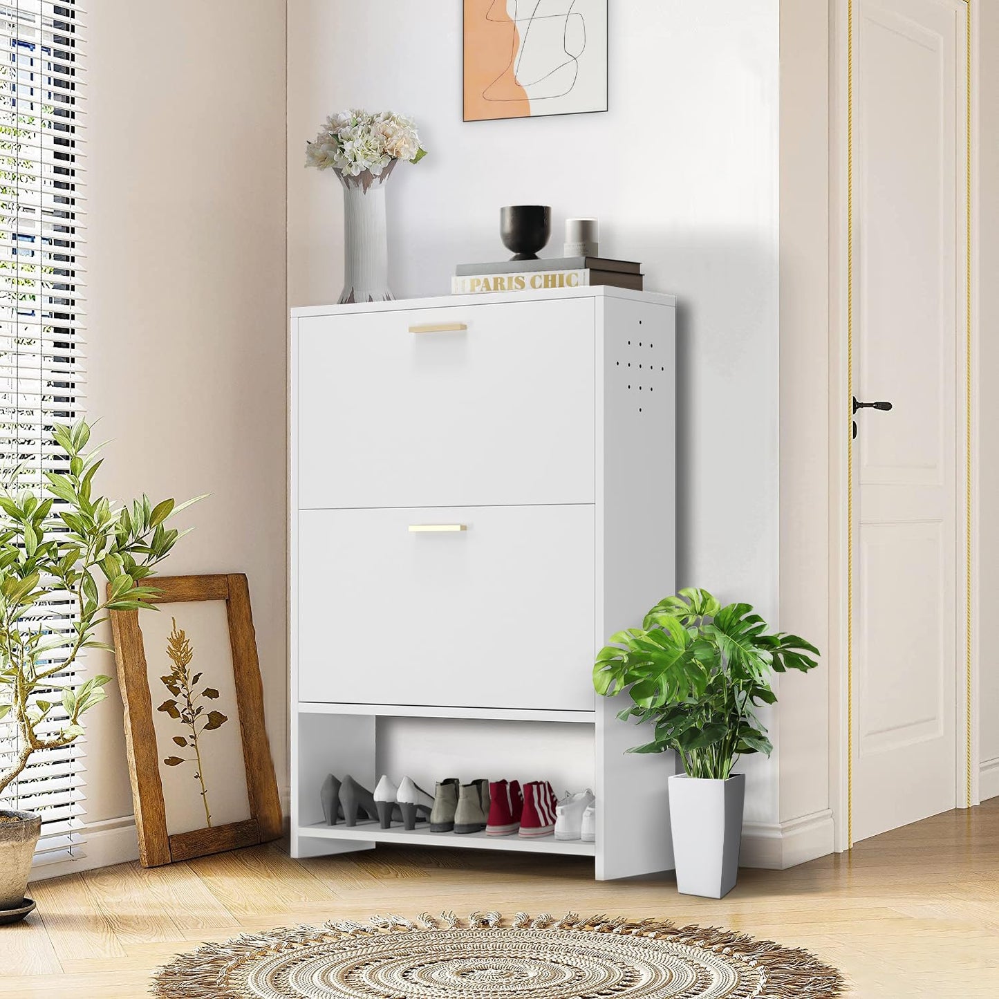 Metal Shoe Storage Cabinet with 2 Flip Drawers