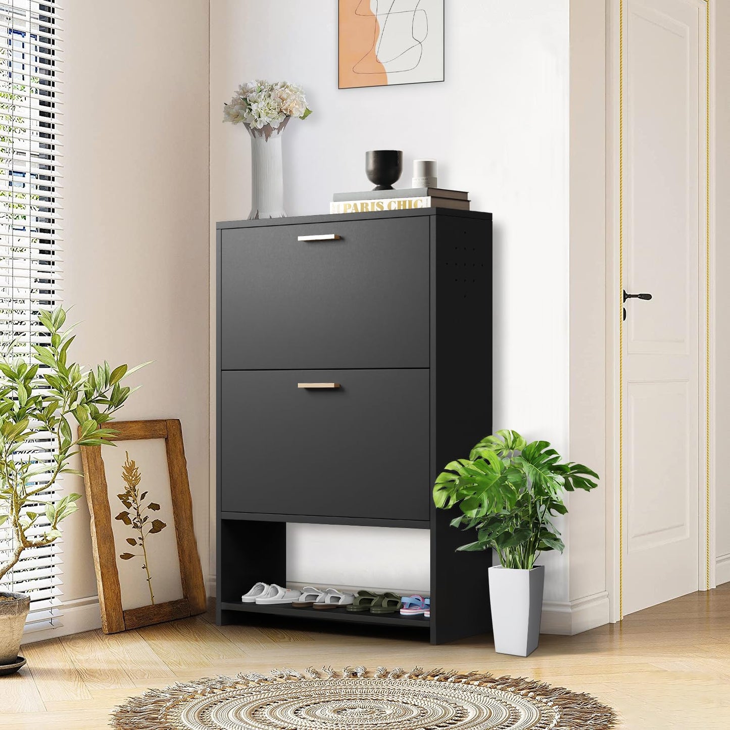 Metal Shoe Storage Cabinet with 2 Flip Drawers