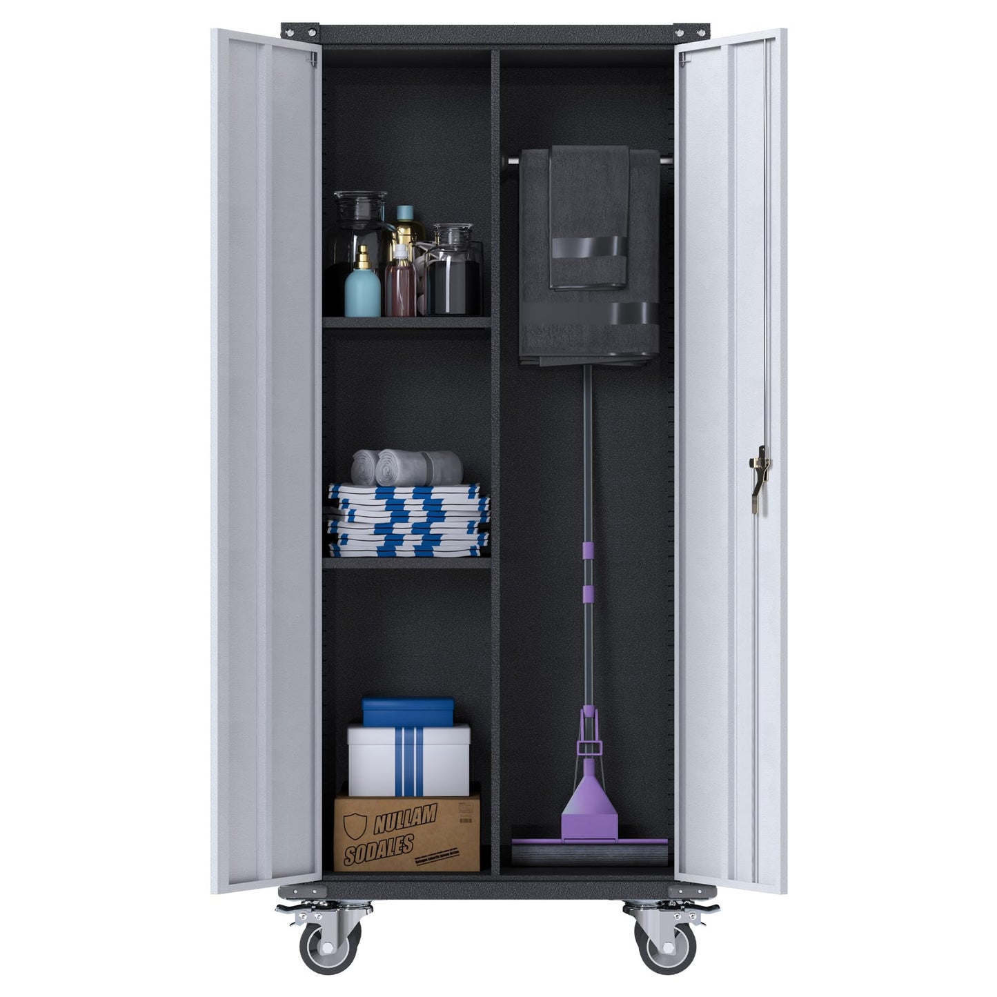 71'' Tall Metal Storage Cabinet with Wheels, Rolling Garage Storage Cabinet, Lockable Steel Tool Cabinet with Adjustable Shelve for Office, Basement, Pantry, Workshop