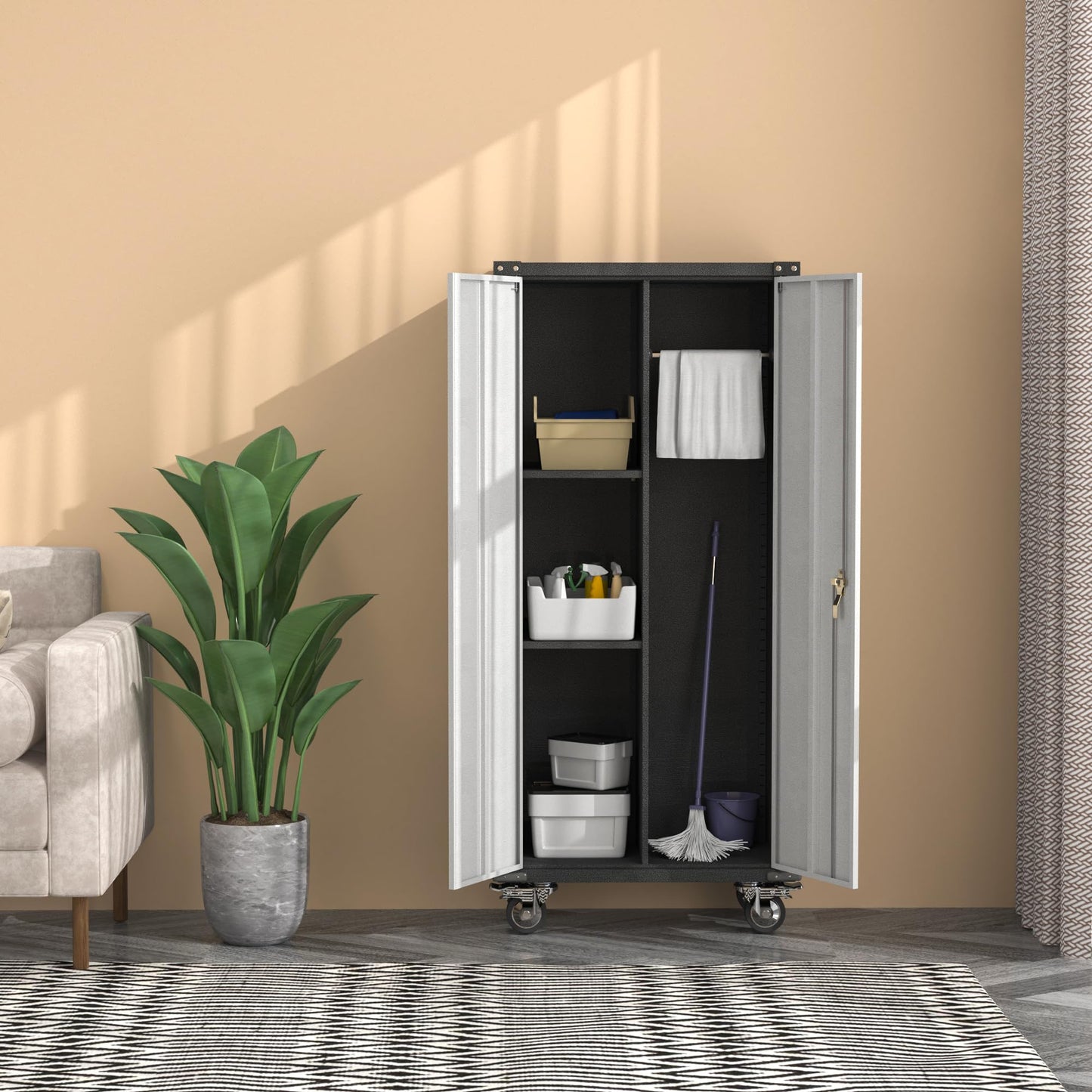 71'' Tall Metal Storage Cabinet with Wheels, Rolling Garage Storage Cabinet, Lockable Steel Tool Cabinet with Adjustable Shelve for Office, Basement, Pantry, Workshop