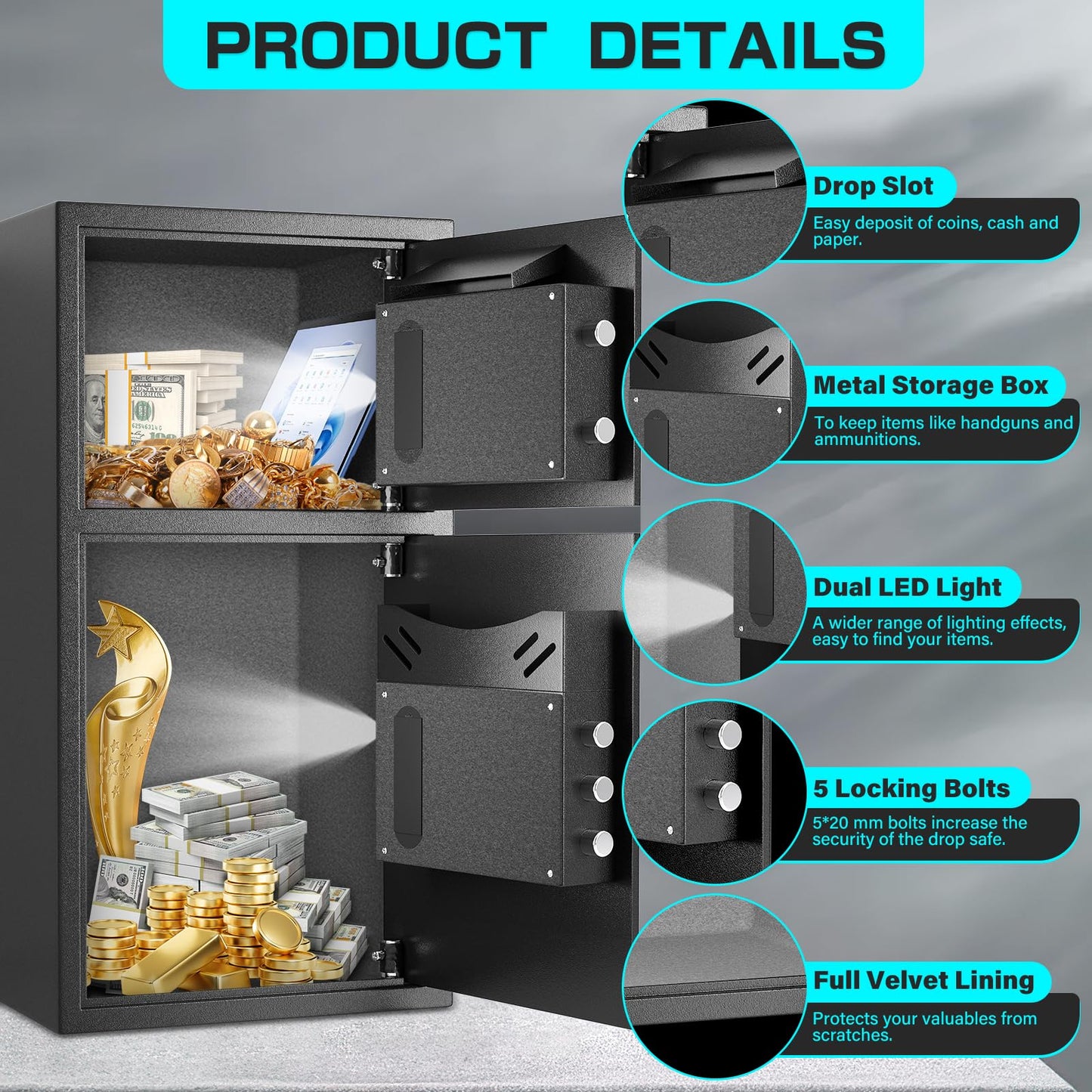 BM-K1-65 Money Safe Box with Deposit Slot & Dual Alarm System, Backlit Keypad Security Document Safe