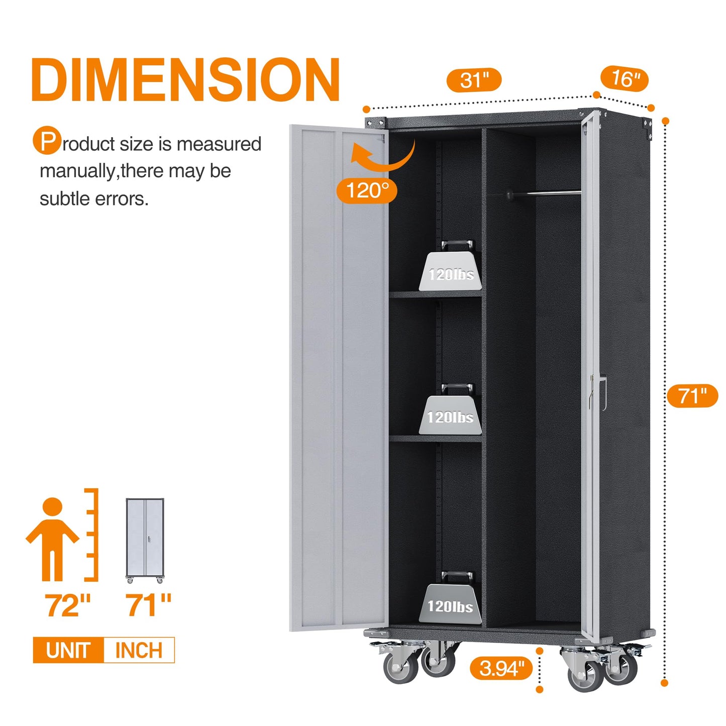 71'' Tall Metal Storage Cabinet with Wheels, Rolling Garage Storage Cabinet, Lockable Steel Tool Cabinet with Adjustable Shelve for Office, Basement, Pantry, Workshop