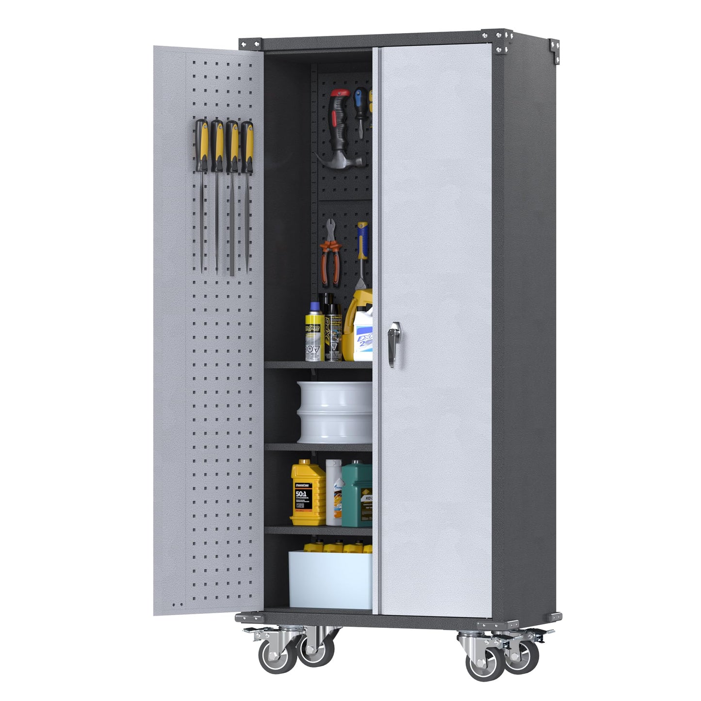 71'' Tall Metal Storage Cabinet with Wheels, Hanging Holes on the Door,Rolling Garage Storage Cabinet, Lockable Steel Tool Cabinet with Adjustable Shelve for Office, Basement, Pantry, Workshop