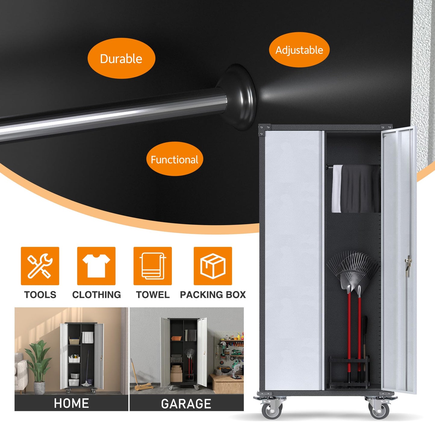 71'' Tall Metal Storage Cabinet with Wheels, Rolling Garage Storage Cabinet, Lockable Steel Tool Cabinet with Adjustable Shelve for Office, Basement, Pantry, Workshop