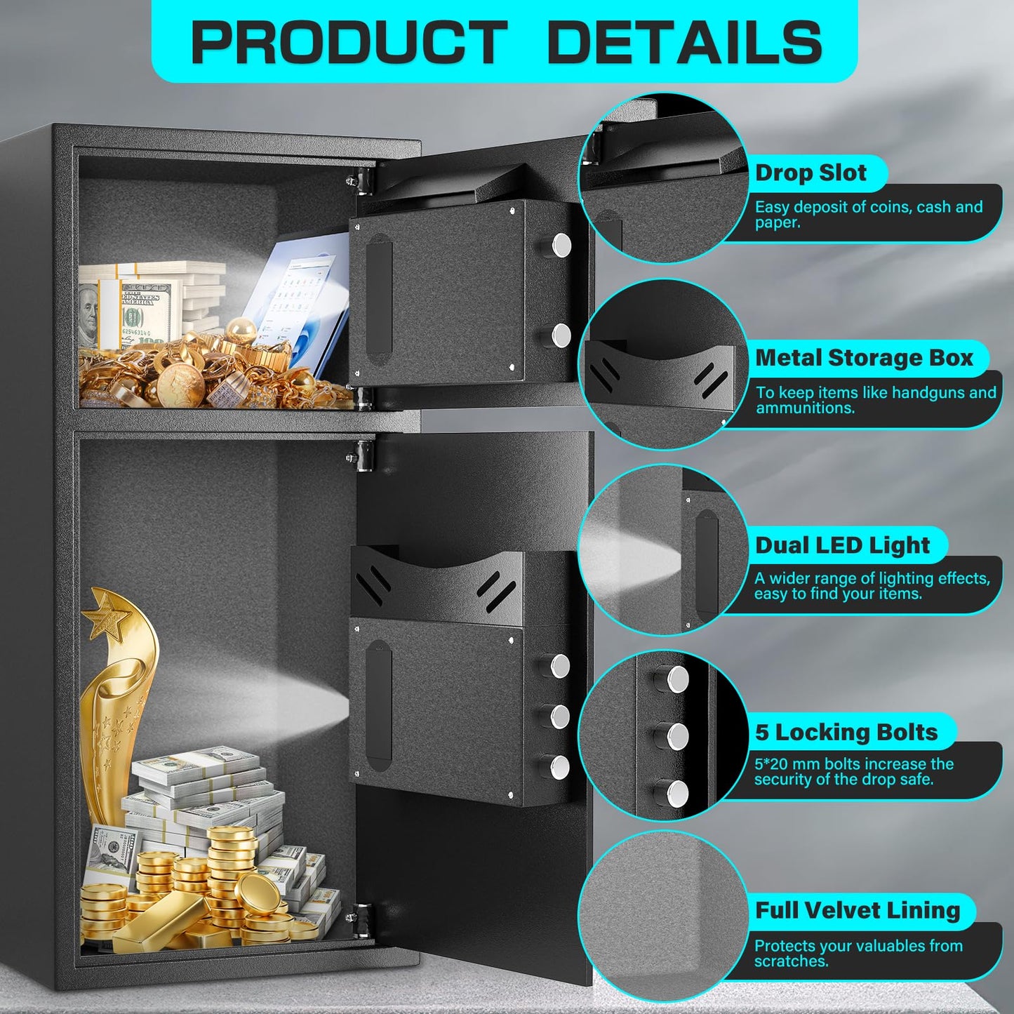 BM-K1-75W Large Biometric Fingerprint Safe,Backlit Keypad Security Document Safe for Home Office Hotel
