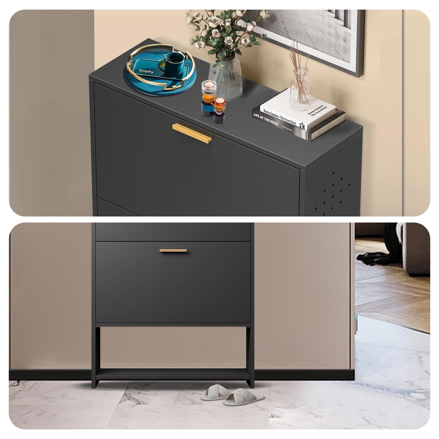 Metal Shoe Storage Cabinet with 2 Flip Drawers