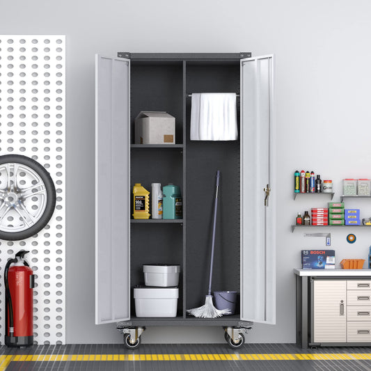 71'' Tall Metal Storage Cabinet with Wheels, Rolling Garage Storage Cabinet, Lockable Steel Tool Cabinet with Adjustable Shelve for Office, Basement, Pantry, Workshop