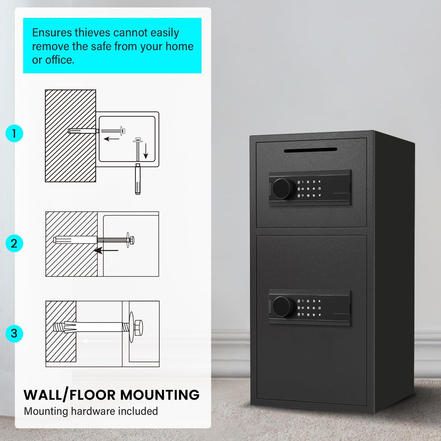 BM-K1-65 Money Safe Box with Deposit Slot & Dual Alarm System, Backlit Keypad Security Document Safe