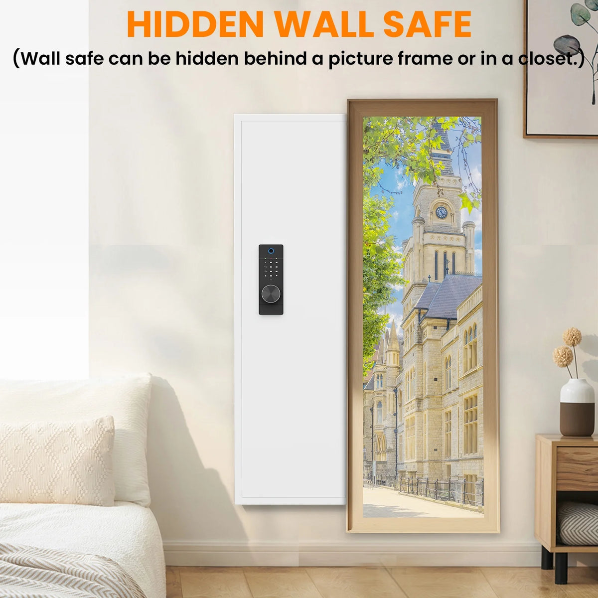 SZ-LYX 53.15" Wall Safe Between the Studs, Biometric Fingerprint Hidden Safe with Dual Alarm System and Silent Mode, Wall Gun Safe with 3 Adjustable Shelves, Magnetic Slot and Key Hook