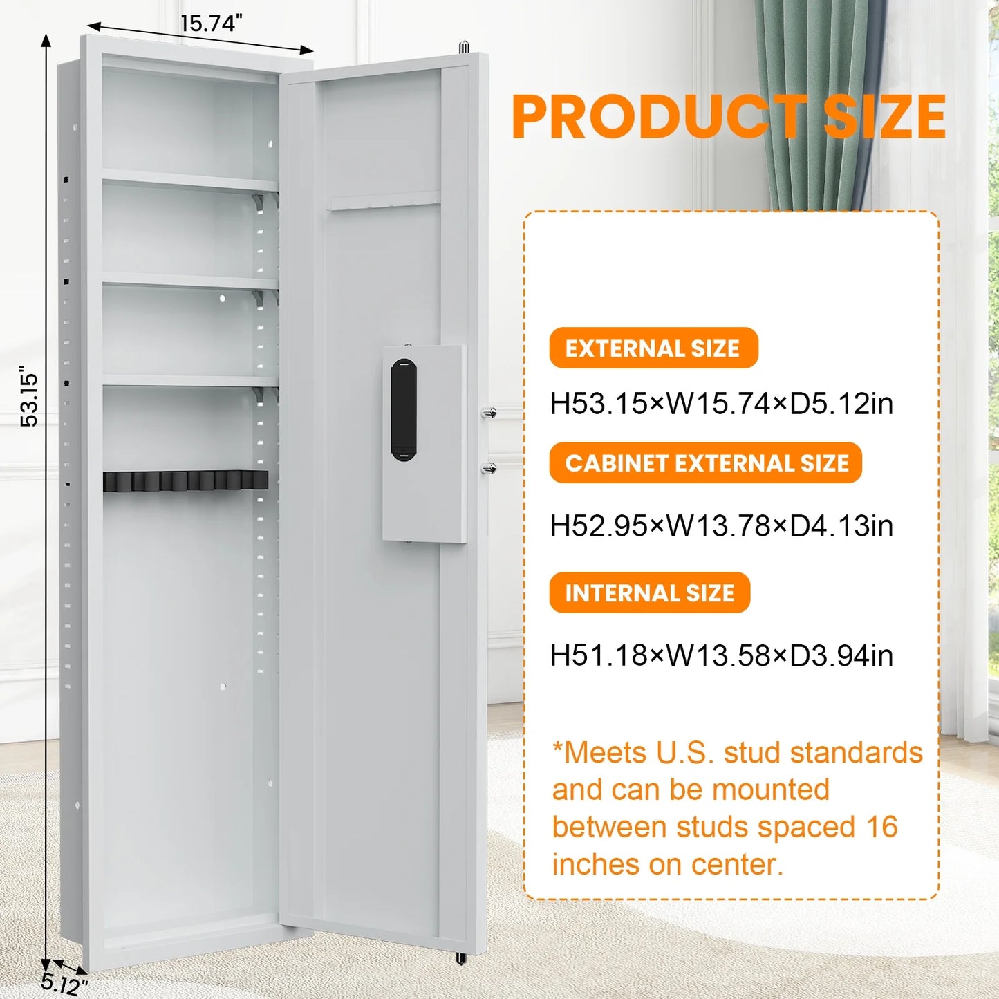 SZ-LYX 53.15" Wall Safe Between the Studs, Biometric Fingerprint Hidden Safe with Dual Alarm System and Silent Mode, Wall Gun Safe with 3 Adjustable Shelves, Magnetic Slot and Key Hook