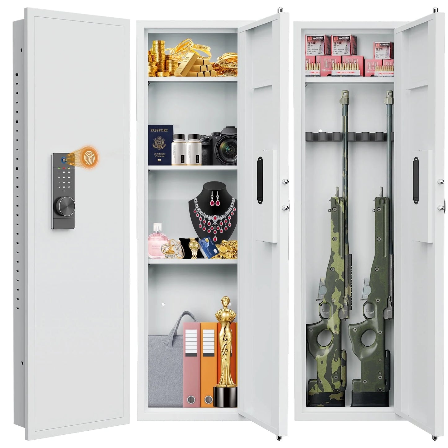 SZ-LYX 53.15" Wall Safe Between the Studs, Biometric Fingerprint Hidden Safe with Dual Alarm System and Silent Mode, Wall Gun Safe with 3 Adjustable Shelves, Magnetic Slot and Key Hook