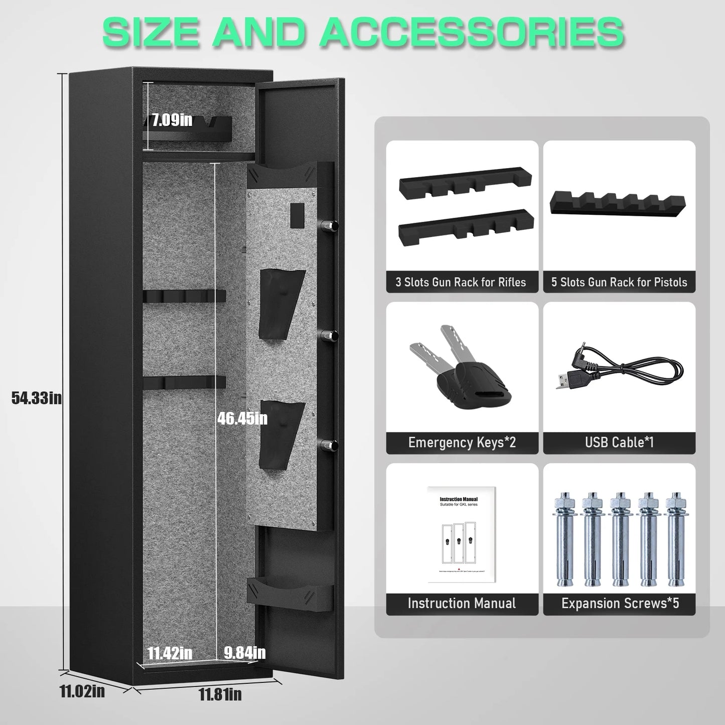 SZ-LYX 3-5 Large Gun Safe for Guns and Pistols, Quick Access Gun Safe with Silent Mode and Alarm System, Gun Cabinet with Removable Shelf and 2 Adjustable Gun Slots
