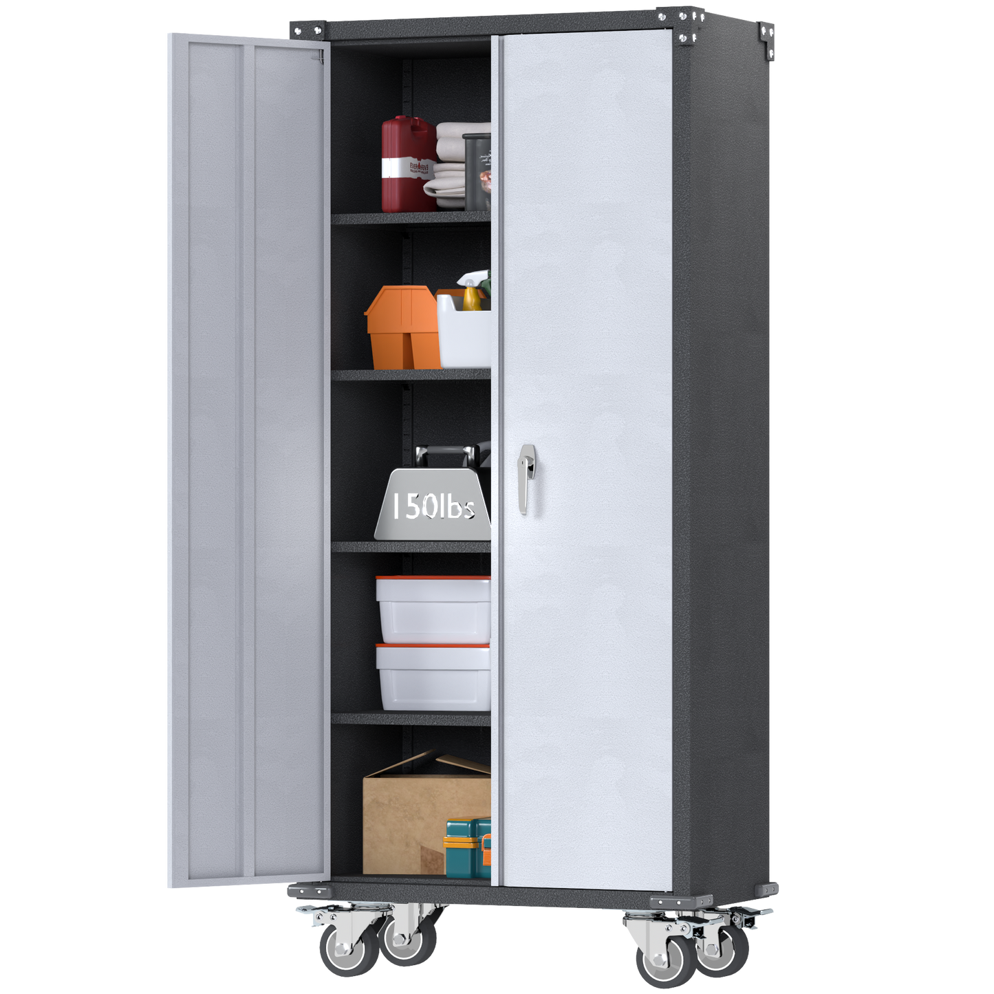 Metal Garage Storage Cabinet on Wheels, Double Handle Lock Steel Storage Cabinet with 2 Doors, 4 Shelves Adjustable Black, Assembly Required