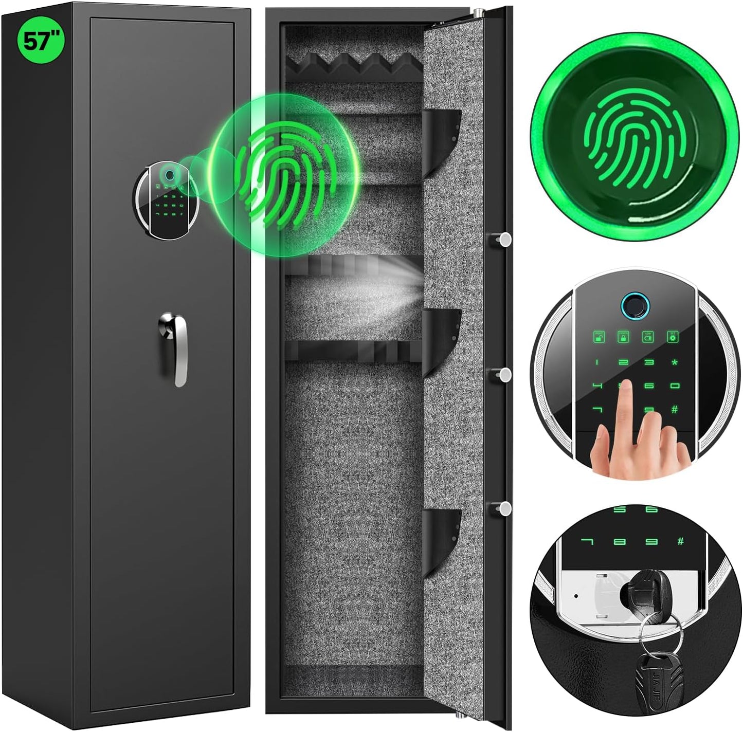 Fingerprint Keypad Gun Safe,5-6 Biometric Gun Safe for Home Guns and Pistols,Gun Cabinet with Backlit Keypad, Soft Lining & Two Removable Shelf