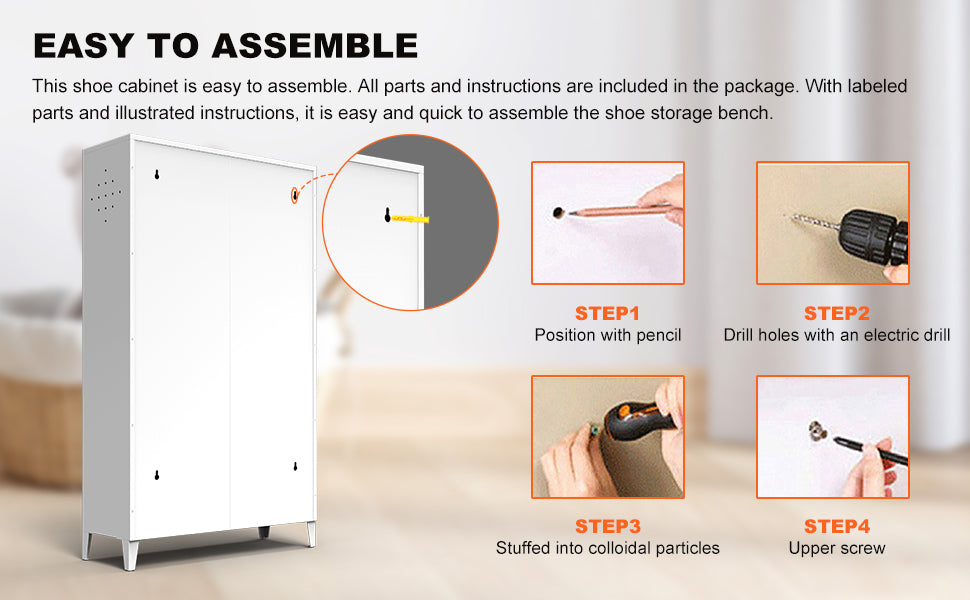 3 Drawer All Steel Shoe Cabinet, Freestanding Shoe Rack Storage Organizer with Flip Door, for Entryway, Hallway, Bedroom, White (Requires Assembly)