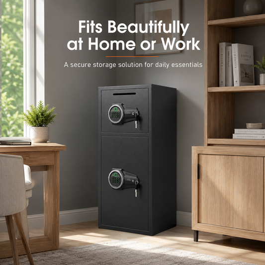 Riflewell-KL-85W 7.0 Cu Ft Biometric Fingerprint Safe Box, Large Double Door Security Cabinet with Drop Slot & Dual LED Light, Alloy Steel Home Safe with Digital Keypad for Money Valuables Documents, Black