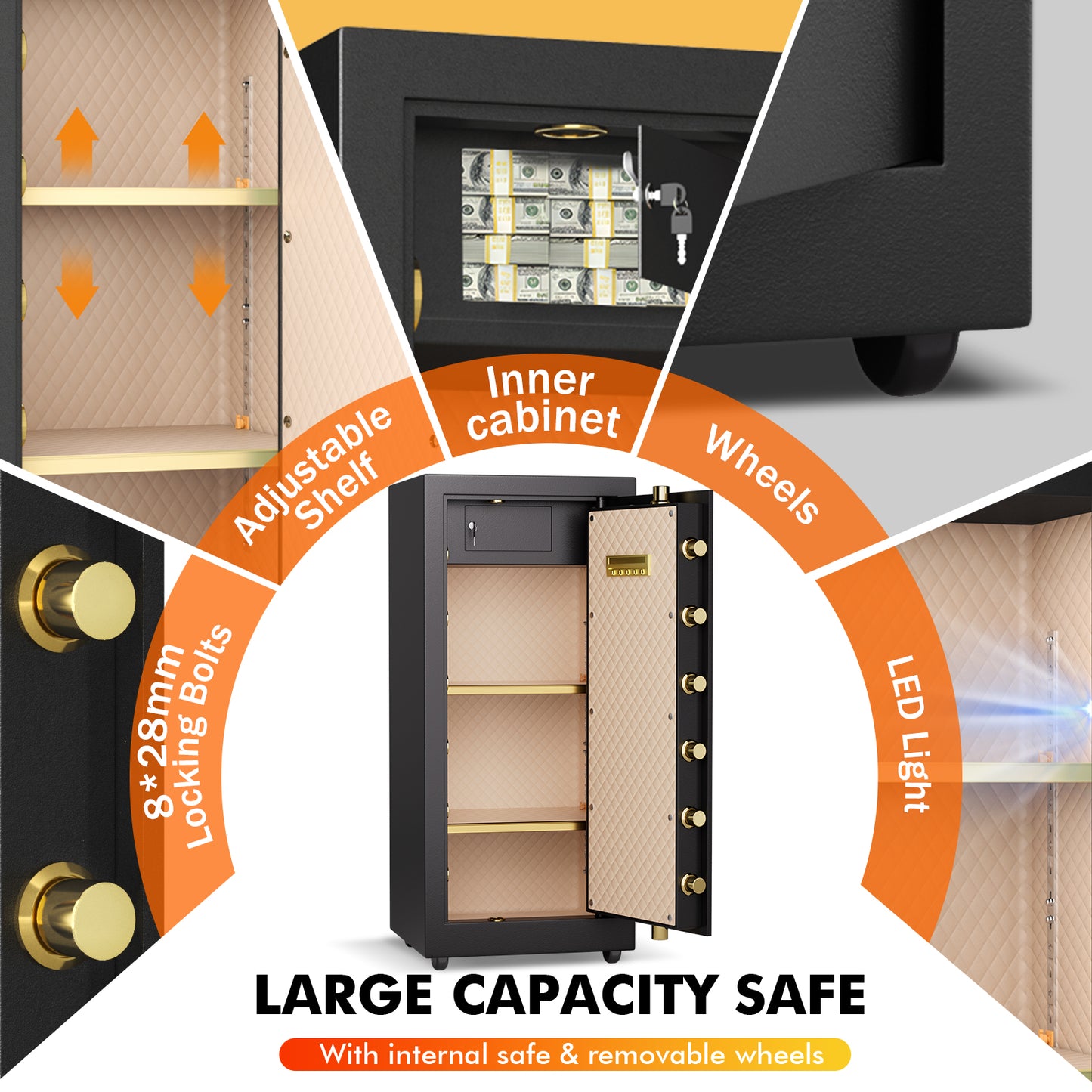 OME K3-100 39.37''H Extra Large Safes Box, 9.0 Cubic Feet Heavy Duty Safe with 2 Adjustable Shelf & Seperate Lock Box, Home Floor Safes with LCD Screen & Hidden Code for Doc Cash Jewelry Valuables