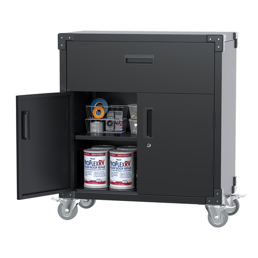 Metal Garage Cabinet with Wheels,Mobile Storage Cabinet with 2 Doors & 1 Drawer,Steel Storage Cabinet for Garage,Home,Office,Utility Room- Assembly Required (Black)