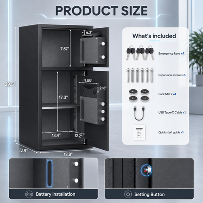 HK-KL-85W 7.0 Cu ft Biometric Safe Box With Mute Function and LED Light, Large Home Safes with Deposit Slot & Dual Alarm System, Security Box for Valuables